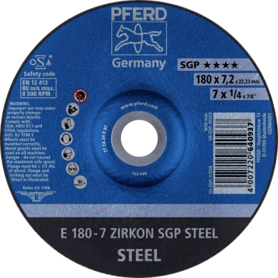 Afbeelding van PFERD 62217737 E 180 7 ZIRKON SGP STEEL Afbraamschijf gebogen Diameter mm Boordiameter 22.23 Staal 10 stuk(s)