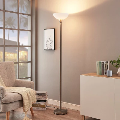 Afbeelding van Lindby vloerlamp 1licht metaal, glas H: 180 cm E27 gesatineerd nikkel, wit