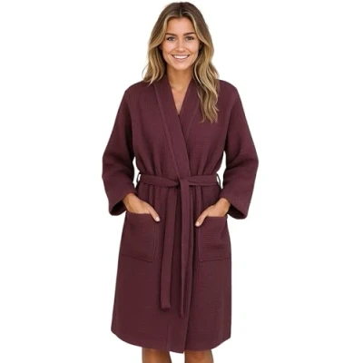 Afbeelding van Morgenstern Kamerjas voor dames, licht, honingraat, 100% katoen, Bordeaux Rood