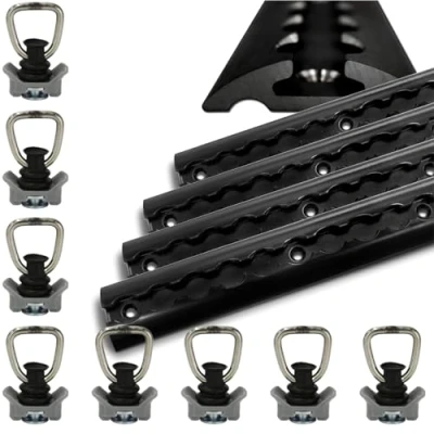 Afbeelding van Zwarte halfronde aluminium vliegtuigrails, 4 x 1 m, 8 verbindingsstukken, gepoedercoat voor het vastzetten van laden auto&#039;s, vrachtwagens, aanhangers, campers enz. sjorrail