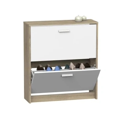 Afbeelding van MUEBLES PITARCH Schoenenkast voor entree, smalle extra kast met 2 deuren, wit en Cambrisch eiken, 12 paar schoenen, 82 x 74 25 cm, collectie Tibet