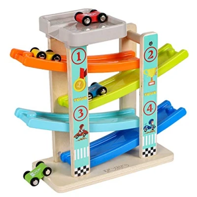 Afbeelding van Toys of Wood Oxford Autohellingbaan houten speelgoedbaan met parkeerplaats auto op het dak racespel 4 auto&#039;s van hout autocircuit voor jongens en meisjes 1, 2, 3 jaar
