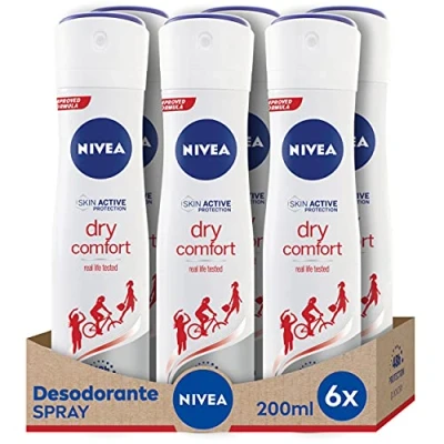 Afbeelding van NIVEA Dry Comfort spray 6 stuks (6 x 200 ml), anti transpirant deodorant met 72 uur bescherming, vrouwelijke verzorging getest in het echte leven