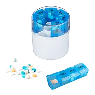 Afbeelding van Relaxdays pillendoos 7 dagen 4 vakken Duits medicijndoosje ronde medicatiedoos week