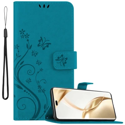 Afbeelding van Cadorabo Hoesje geschikt voor Honor 200 Pro in BLOEMEN BLAUW Beschermhoes bloemmotief met magnetische sluiting, standfunctie en kaartsleuven Book Case Cover Etui