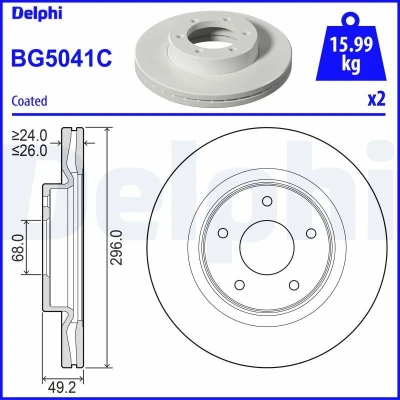 Afbeelding van DELPHI BG5041C Remschijf 296 26 5 Geventileerd Gecoat Semi finished Zonder wiellager, ABS sensorring