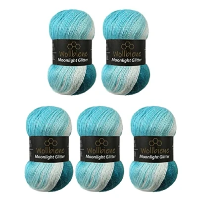 Afbeelding van Wollbiene Moonlight Glitter Batik Simli Breiwol, 5 x 100 g, 500 20% wol metallic, kleurverloop, 5200 petrol turquoise en wit