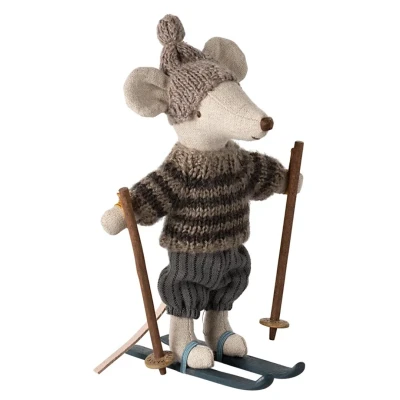 Afbeelding van Maileg knuffelmuis grote broer op ski&#039;s grijs 13 cm