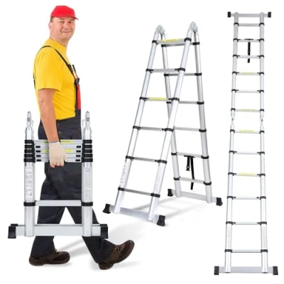 Afbeelding van Cecaylie aluminium telescopische antislipladder van 3,8 (1,9 + 1,9) m, draagbare multifunctionele ladder, draagvermogen 150 kg