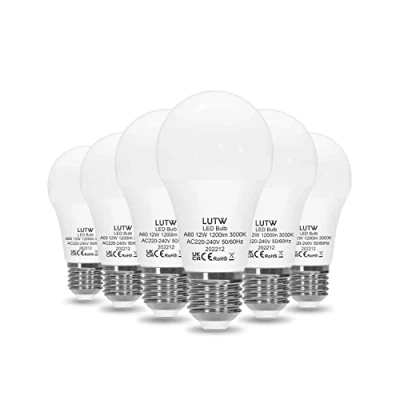 Afbeelding van LUTW Ledlampen, E27, warmwit, 3000 K, 12 W, komt overeen met 100 A60 LED lampen, Edison fitting, 1200 lm, energiebesparend bij stralingshoek 220 , niet dimbaar, kunststof, 6 stuks