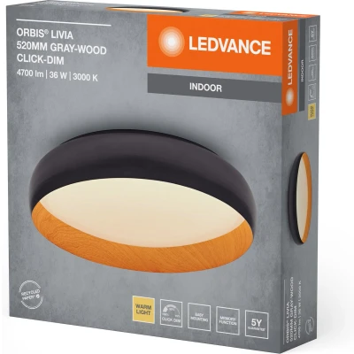 Afbeelding van LEDVANCE ORBIS Livia LED plafondlamp met metalen ring, grijs/hout decor, 36W, 2000lm, 3000K, 520mm, 830 vriendelijk warm wit, dimbaar in 3 niveaus door te klikken, IP20, inclusief schroeven/pluggen
