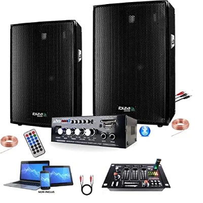 Afbeelding van IBI Sono Pack 600 W totaal met 2 luidsprekers 300 + compacte Bluetooth USB versterker mengpaneel vele mogelijkheden