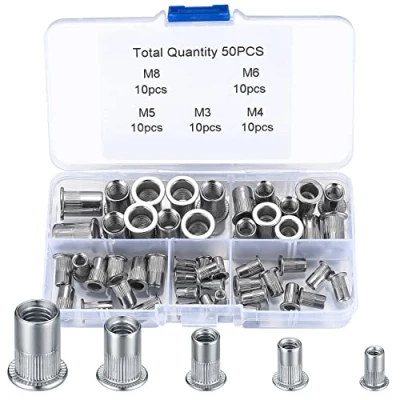 Afbeelding van 50 stuks assortiment klinknagelmoeren, klinknagel platte moeren schroefdraadkop roestvrijstalen M3 M4 M5 M6 M8
