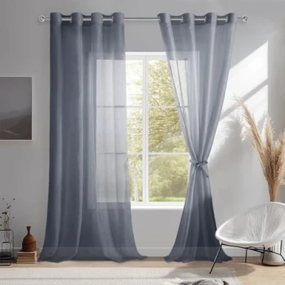Afbeelding van DWCN Sheer Set van 2 transparante gordijnen met oogjes voor woonkamer, kinderkamer, slaapkamer, donkergrijs, 210 x 132 cm (H B)