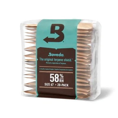 Afbeelding van Boveda voor kruidenopslag, 2 weg vochtregulerend bij 58% RH, maat 67 maximaal 450 g bloemen, voorkomt verlies van terpenen, overdroging en schimmel, hersluitbare zak met 20 zakjes