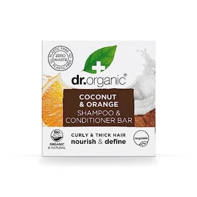 Afbeelding van Shampoo Bar &amp; Conditioner met kokosnoot en sinaasappel, Dr. Organic, voedend, krullend dik haar, nieuw, plasticvrij, natuurlijk, veganistisch, dierproefvrij, parabenen SLS, biologisch, 75 g