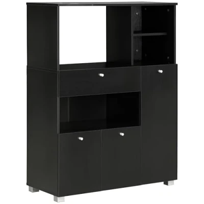 Afbeelding van HOMCOM Magnetronkast, keukenkast, opbergkast, meerdere vakken, dressoir, met 2 kasten, 4 holtes, schuiflade, afmetingen: 90 x 40 120 cm, van hout, zwart