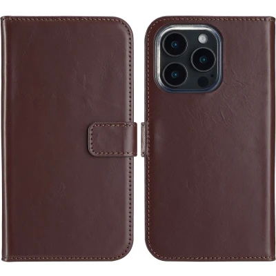 Afbeelding van Selencia Hoesje Geschikt voor iPhone 16 Pro Met Pasjeshouder Echt Lederen Bookcase Bruin