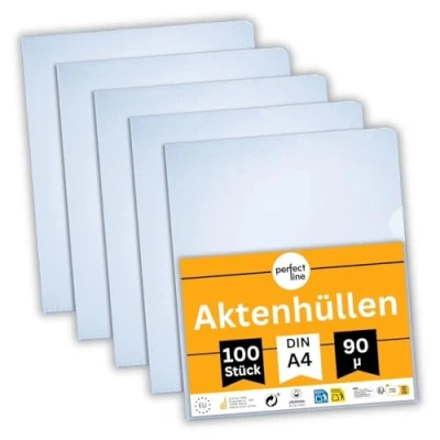 Afbeelding van perfect line 100 x A4 kunststof mappen, transparante hoezen, generfd, onuitwisbaar, gemaakt in de EU