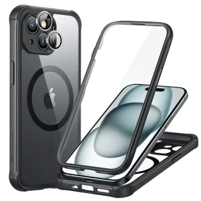 Afbeelding van ESR Beschermhoes voor iPhone 15, compatibel met MagSafe, 360 beschermhoes, schokbestendig, militaire standaard, magnetisch, camerabescherming, zwart transparant
