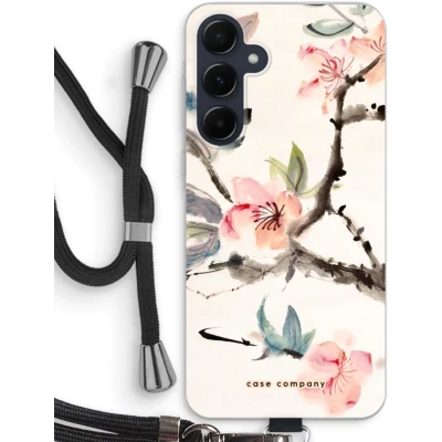 Afbeelding van Case Company® hoesje met Koord geschikt voor Samsung Galaxy A55 Japanse bloemen Telefoonhoesje Zwart Bescherming aan alle Kanten en Over de Schermrand