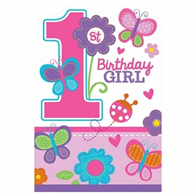 Afbeelding van Uitnodiging 1st birthday girl met vlinders 8 stuks
