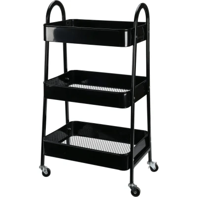 Afbeelding van Storage Solutions Keukentrolley/plateau kast zwart metaal 79 x 44 32 cm 3 niveaus draadmanden opslag