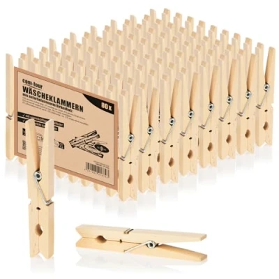 Afbeelding van COM FOUR® 80 x XL houten wasknijpers duurzame klemmen van berkenhout voor het ophangen kleding ca. 9 cm (080 stuks berk XL)
