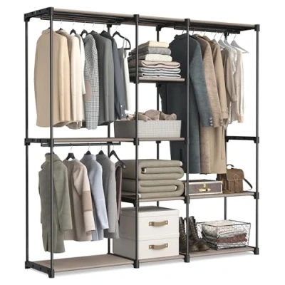 Afbeelding van SONGMICS RYG037R02 Open draagbare kast met kledingstang en stoffen planken voor slaapkamer, 182 x 43 cm, taupe