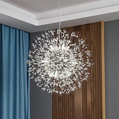 Afbeelding van Kristallen kroonluchter, paardenbloem, moderne 12 lampen, vuurwerkachtige zilveren roestvrijstalen kroonluchter voor eetkamer, slaapkamer, woonkamer, meisjeskamer