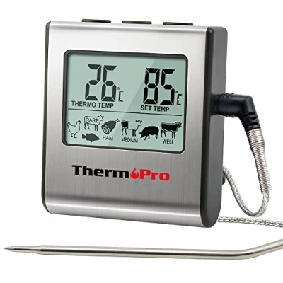 Afbeelding van ThermoPro TP16 Digitale Koken Voedsel vlees Thermometer voor Smoker Oven Keuken Snoep BBQ Barbecue Klok Timer met roestvrij stalen temperatuur sonde, grote LCD display, zilver