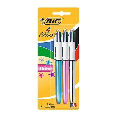 Afbeelding van Bic 4 Colours Shine, Balpen, 0,32 Mm, Klassieke Inktkleuren, Bister Van 2 + 1 Gratis Balpen