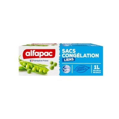 Image de ALFAPAC Sacs Congélation à Liens Matière Végétale Renouvelable Fabrication Française Certifiés Origine France Garantie Extensibles &amp; Protecteurs 50 x 1L