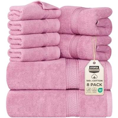 Afbeelding van Utopia handdoeken 8 delige badhanddoekenset; 2 badhanddoeken, en 4 washandjes katoen hotelkwaliteit, superzacht zeer absorberend (roze)