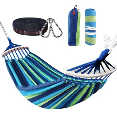 Afbeelding van Nakeey Dubbele hangmat met stangen, statisch draagvermogen, 300 kg, 280 x 150 cm, regenboogkleuren, geschikt voor binnen, balkon, buiten, reizen, kamperen, wandelen