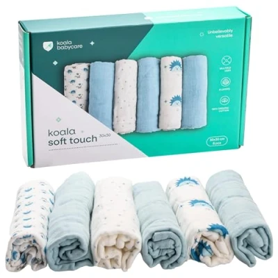 Afbeelding van KOALA BABYCARE Katoenen luiers voor baby&#039;s, 30 x cm, 6 stuks borstvoeding en inbakering (inbakeren), ideaal als cadeau pasgeborenen