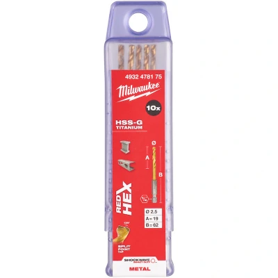 Afbeelding van MILWAUKEE 4932478175 SHOCKWAVE HSS G TiN Red Hex 2,5mm metaalboormm (10 st.)