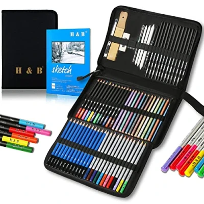Afbeelding van Tekenpotloden en schetspad 72 stuks, H &amp; B Artist Kleurpotloden Schetsen Set, Complete Schets Kit Inclusief Grafiet potloden, Kleurtekenpotloden voor kinderen, Volwassenen