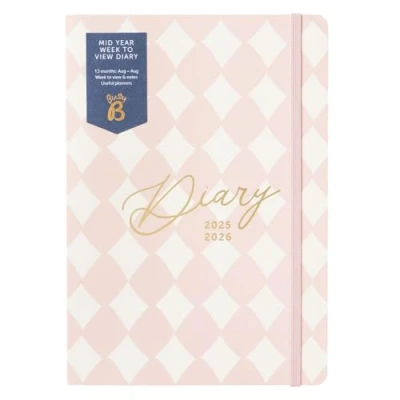 Afbeelding van Busy B Weekplanner A5 Academische planner halfjaar augustus 25 26 Roze harlekijn bedrukt dagboek Weeklay out tegenover een pagina met notities, doelen, uitgaven,