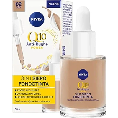 Afbeelding van NIVEA Q10 Power anti Rimpel 3 in 1 Foundation Serum 02 Dark 30 ml, dekkende, hydraterende en aging foundation, gekleurd gezichtsserum met co enzym hyaluronzuur