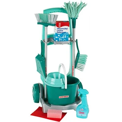 Afbeelding van Klein Toys Leifheit speelgoedbezemwagen dweil, emmer met opzetstuk, bezem, stoffer en blik incl. schoonmaak accessoires blauw groen