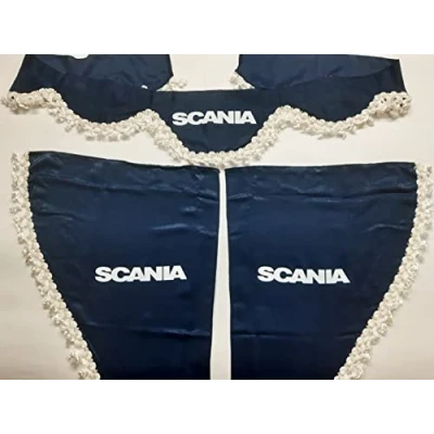Afbeelding van Set van 3 decoratieve pluche gordijnen met witte kwastjes voor Scania vrachtwagens R S P L (blauw)