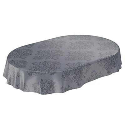 Afbeelding van ANRO rond wasbaar tafelkleed van tafelzeil antraciet barokpatroon met arabesque ovaal 180 x 140 cm, cm