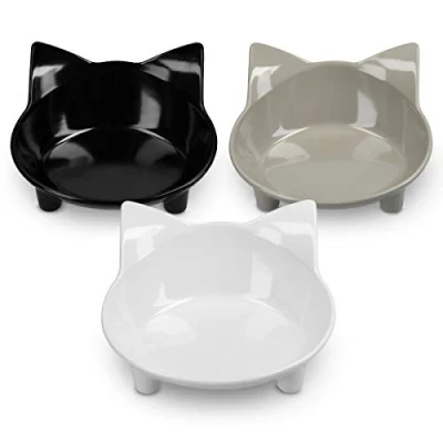 Afbeelding van Navaris antislip voerbakjes voor katten Set van 3 voer en waterbakken Inhoud per voerbak 210 ml Met kattenkopjes vorm In grijs wit zwart
