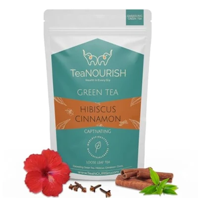 Afbeelding van TeaNOURISH Darjeeling Groene hibiscus kaneelthee, lekkere en verfrissende kaneel &amp; nier, 100% natuurlijk, warm of ijsthee (100 g)