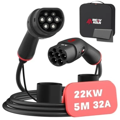 Afbeelding van MCEVKELN type 2 oplaadkabel voor auto, elektrisch, hybride, 22 kW, driefasig, 32 A, 5 m, naar EV kabel, compatibel met e 208, model Y/3, Zoe, Kona enz
