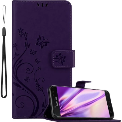 Afbeelding van Cadorabo Hoesje geschikt voor Samsung Galaxy J7 2018 in BLOEMEN DONKER PAARS Beschermhoes bloemmotief met magnetische sluiting, standfunctie en kaartsleuven Book Case Cover Etui