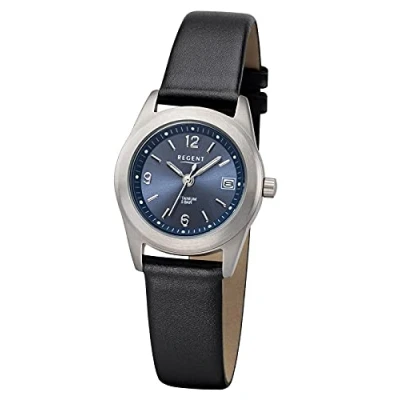 Afbeelding van Regent Dameshorloge met leren armband en titanium behuizing gesp klein licht Arabische cijfers kwarts 26 mm diameter datum, zilver., riemen