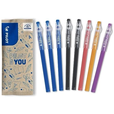 Afbeelding van PILOT Set van 8 FriXion Ball Stick uitwisbare gelinkt 3 blauw, 2 zwart, 1 koraal, oranje, paars De voordelige pen Om in etui te stoppen Schoolartikelen