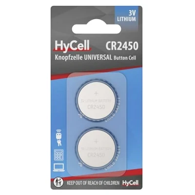 Afbeelding van HyCell Lithium knoopcellen CR2450, 3 V, 2 stuks, lange levensduur, voor rekenmachine, weegschaal, klok, autosleutels, garage opening, afstandsbediening, licht